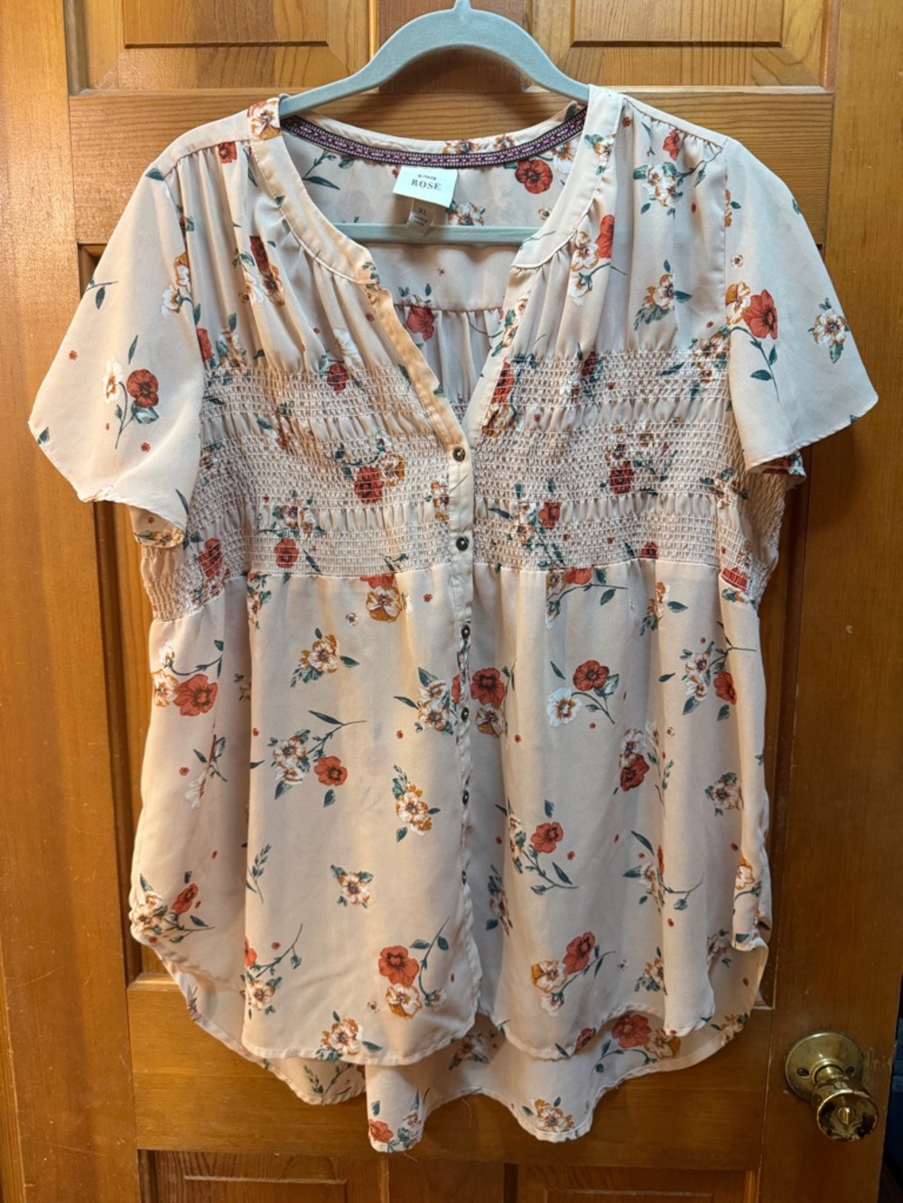 Knox Rose Cream Floral Short Sleeve Smocked Blouse